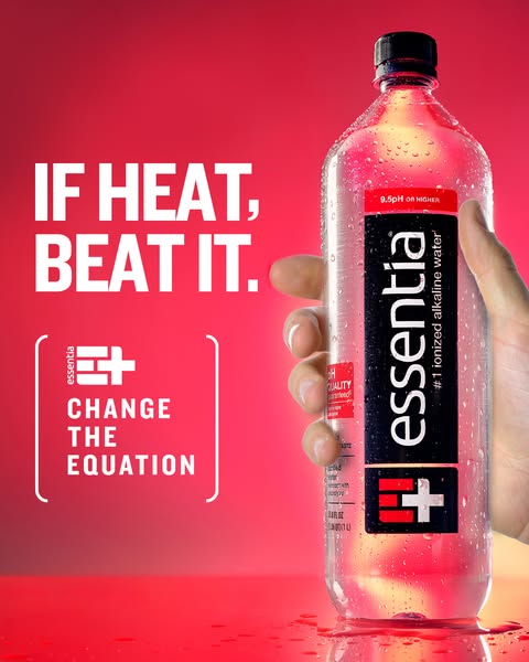 This image ad for Essentia water is designed to promote the product as a means to beat the heat. It features a bottle of