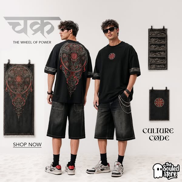 An ad for the Souled Store clothing brand featuring a black t-shirt with detailed graphic designs in black and red, disp