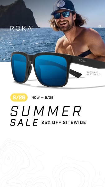 An image ad for ROKA sunglasses, advertising a summer sale with 25% off sitewide. The ad features a man wearing the sung