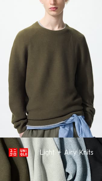 A clothing ad for Uniqlo featuring their light and airy knitwear collection. A model wears a knitted sweater, and the co