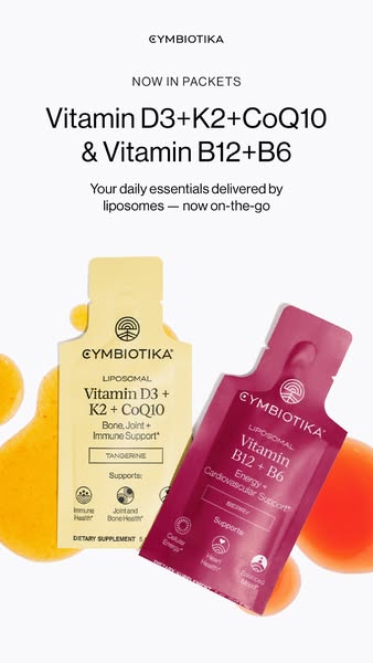 This ad promotes Cymbiotika's Vitamin D3+K2+CoQ10 and Vitamin B12+B6 supplements, now available in convenient on-the