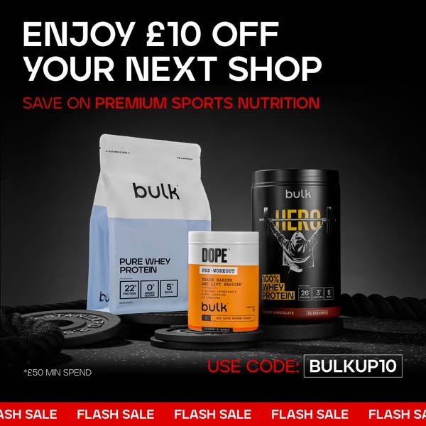 This image ad promotes Bulk sports nutrition, offering £10 off the next shop when a customer spends £50 or more. The ad 