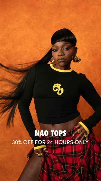 This image ad promotes NAO tops with a 30% discount for 24 hours only. It features a model wearing a black long-sleeve c