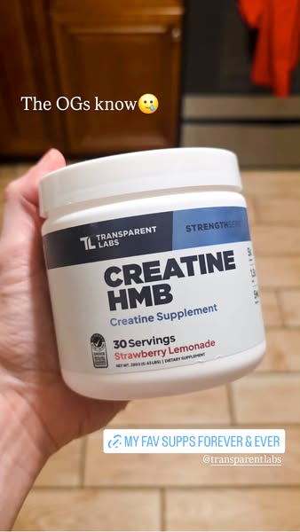 This image ad is for Transparent Labs Creatine HMB. It features an image of a hand holding a tub of the creatine supplem