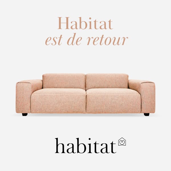 This image ad features a light pink couch against a white background. The ad is announcing the return of Habitat.