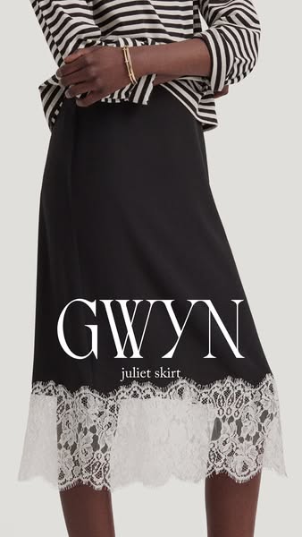 This is an ad for the GWYN juliet skirt. The skirt is black and ends just below the knees. A thick white lace trim is fe