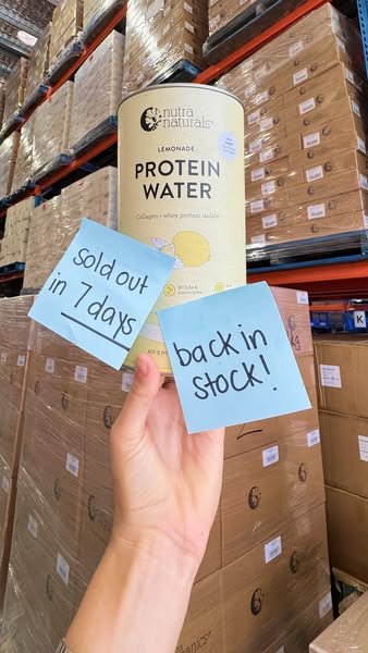 This ad announces that Nutra Naturals Lemonade Protein Water is back in stock after being sold out. It uses a casual, ha