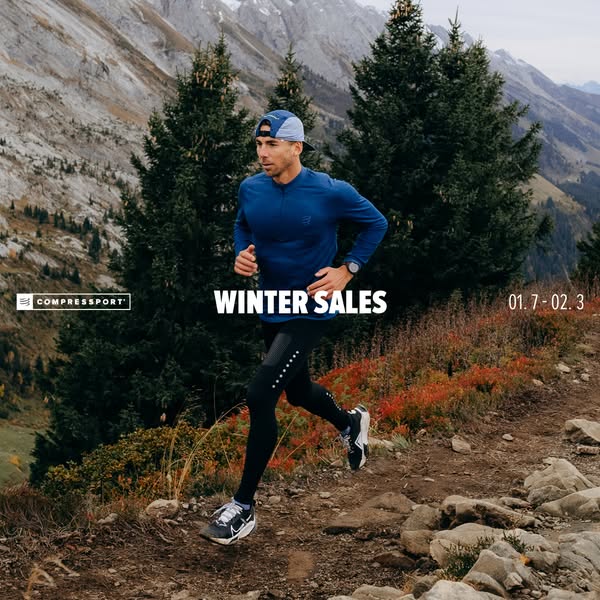 This image ad for Compressport features a male runner on a mountain trail, promoting their winter sales event.
