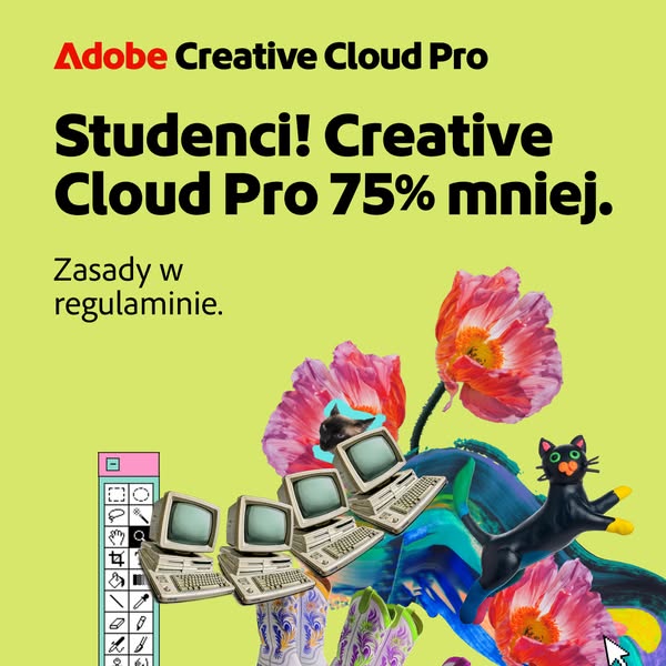 This ad for Adobe Creative Cloud Pro features a colorful collage. The ad attempts to draw in students to purchase the pr