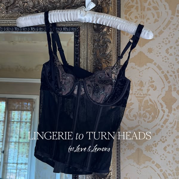 This image ad showcases a black bustier from Love & Lemons, emphasizing its appeal as lingerie designed to attract a