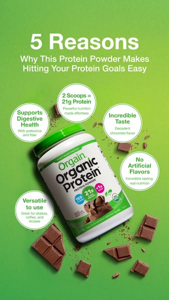 This image ad for Orgain Organic Protein Powder highlights five reasons why it makes hitting protein goals easier, empha