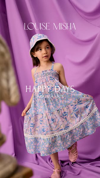 This ad features a young girl in a dress and bucket hat. The text overlay displays the brand and a discount.