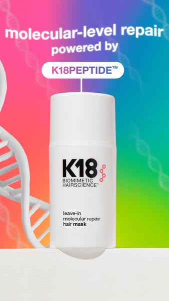 This ad for K18 features a single product shot of the leave-in molecular repair hair mask. The ad highlights the product
