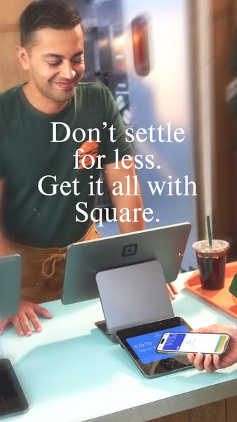 This ad for Square features a smiling man behind a counter with Square payment systems. The ad highlights the benefits o