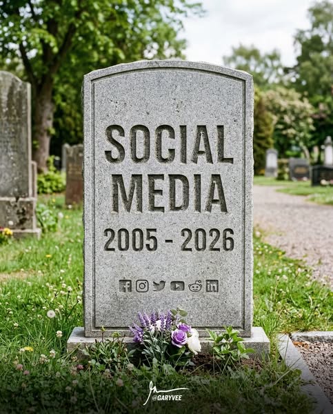 The image ad depicts a tombstone in a graveyard. The tombstone reads, 'Social Media 2005-2026', suggesting the e
