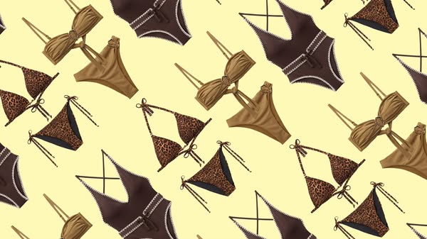 A flatlay-style image ad featuring a yellow background and multiple swimsuits in shades of brown and leopard print. The 