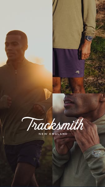 This ad showcases a men's athletic wear brand called Tracksmith, featuring different pieces of apparel. The ad uses 