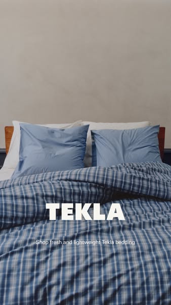 A close-up of Tekla brand bedding. The ad is highlighting that they have fresh and lightweight bedding for purchase.