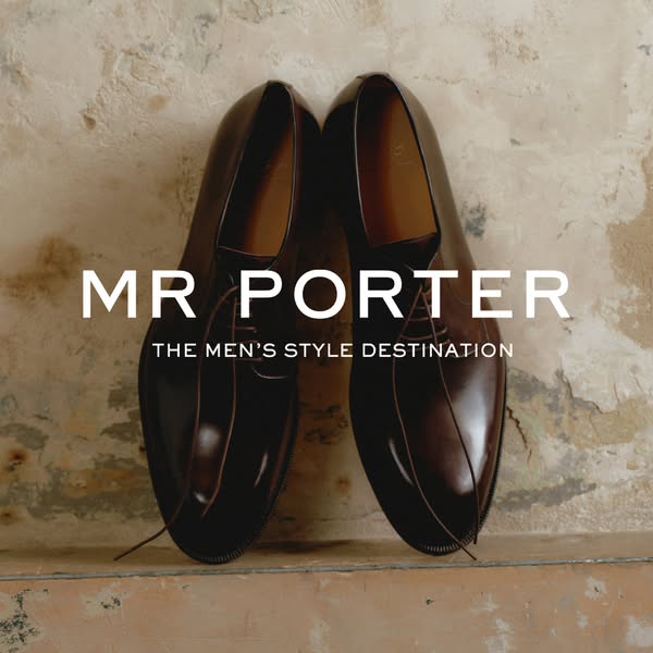 This image is an advertisement for MR PORTER as the men's style destination. A pair of dress shoes are vertically di