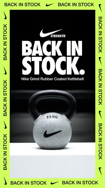 This ad showcases the Nike Grind Rubber Coated Kettlebell, emphasizing its return to stock. The visual elements and text