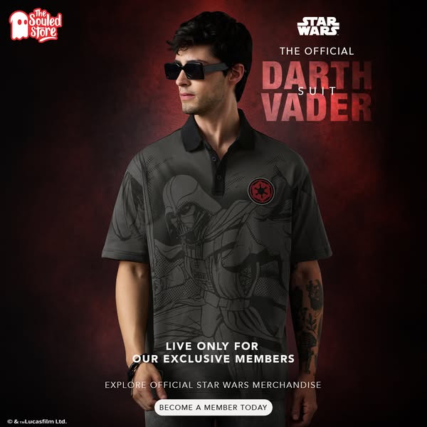 The image ad features a man wearing a Darth Vader polo shirt. The ad promotes The Souled Store's official Star Wars 