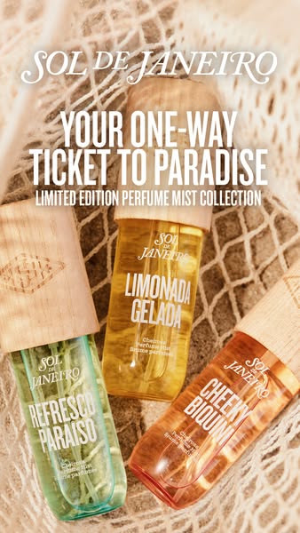 This ad showcases the Sol de Janeiro Limited Edition Perfume Mist Collection, inviting viewers to experience a sensory e
