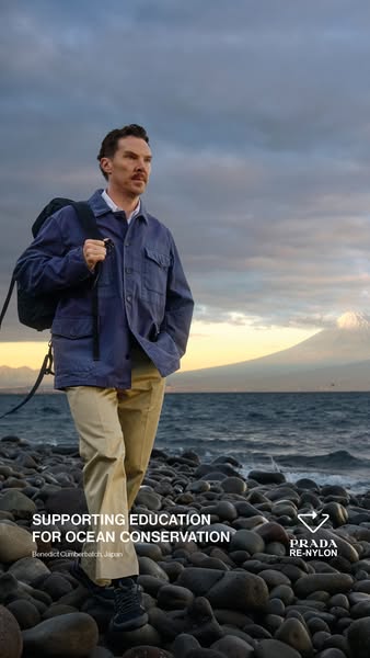 An image ad featuring Benedict Cumberbatch in Japan for Prada Re-Nylon promoting sustainability and ocean education.