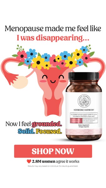 The image ad shows a jar of Hormone Harmony next to a cartoon drawing of a uterus. Above the uterus is the statement &qu