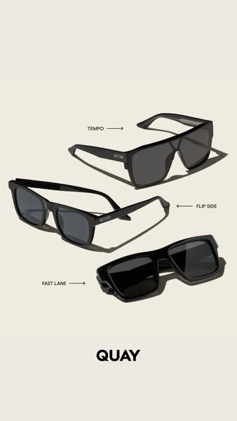 Image ad featuring three sunglasses models from Quay, each labeled with its name.