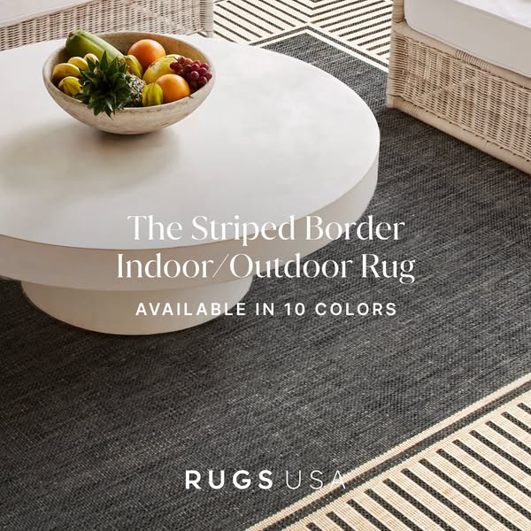 This ad is for Rugs USA and features one of their striped border indoor/outdoor rugs. The ad spotlights the rug's de