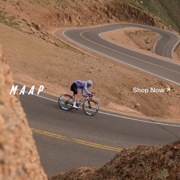 This ad for MAAP apparel features a cyclist riding on a winding mountain road, emphasizing the brand's association w