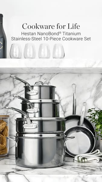 This ad showcases a Hestan NanoBond Titanium Stainless-Steel 10-Piece Cookware Set. The ad features a product shot of th