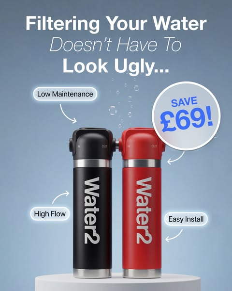 This ad features two Water2 water filter products. The ad's main message is that a water filter does not need to loo