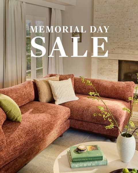 This ad promotes a Memorial Day sale on furniture. The ad shows a stylish, cozy living room setup, featuring a sectional