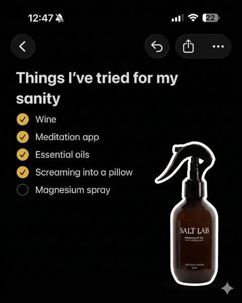 The ad presents a screenshot of a phone's notes app, listing various methods someone has tried for stress relief, su