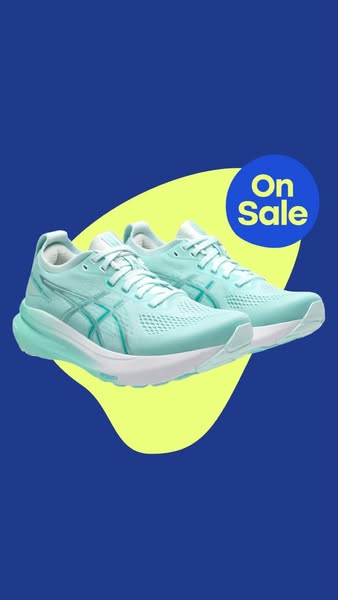 This image ad showcases a pair of light blue ASICS running shoes against a bright blue background with a yellow abstract