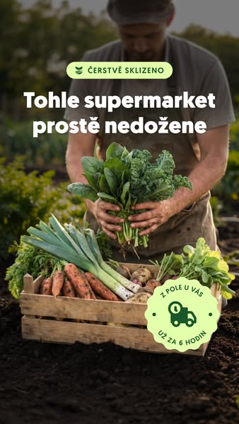 This ad features a farmer holding vegetables to advertise a service that delivers fresh produce.