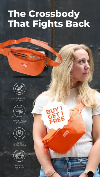 This image ad promotes a crossbody bag with features such as cut-proof strap, adjustable strap, RFID protection, and hid