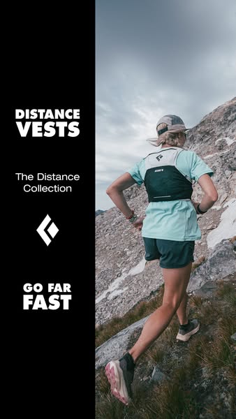 This ad showcases Black Diamond's Distance Vests in an outdoor trail running scenario. The ad is split vertically be