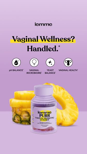 An image ad for Lemme Purr vaginal probiotic gummies. The ad highlights the product’s ability to support vaginal wellnes
