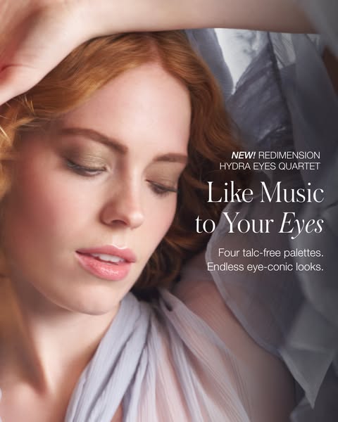 This image ad showcases the new Redimension Hydra Eyes Quartet eyeshadow palettes, presented as offering talc-free formu