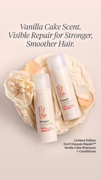 This image ad promotes Briogeo's limited-edition Vanilla Cake Don't Despair, Repair! shampoo and conditioner set