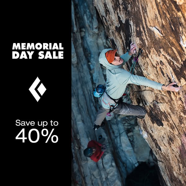 This image ad by Black Diamond promotes a Memorial Day sale with a discount of up to 40%. It features two rock climbers