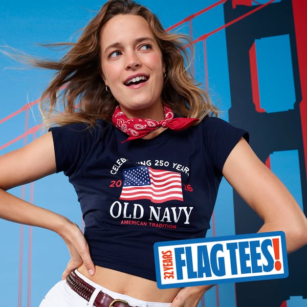 This ad is for Old Navy's flag tees. The ad features a fair-skinned woman wearing a flag tee with a red bandana arou