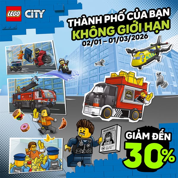 This image ad for LEGO City features various LEGO City sets and a discount offer.