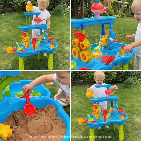 This ad shows a split-screen view of a child playing with a blue and green plastic water table. The ad highlights differ