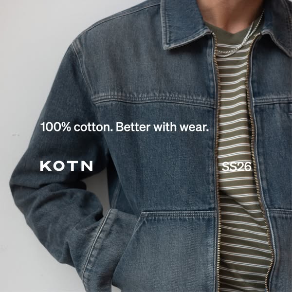 This image showcases a KOTN denim jacket made of 100% cotton. It's presented as a garment that gets better with wear
