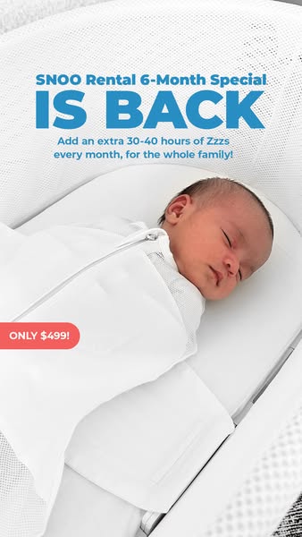 An advertisement showcasing the SNOO rental 6-month special offer. A baby sleeps peacefully in the SNOO bassinet, emphas