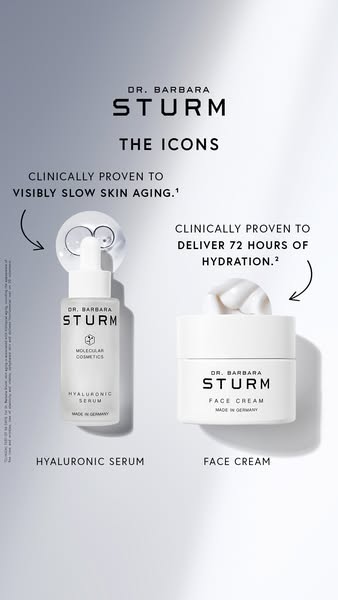 This ad features two of Dr. Barbara Sturm's most iconic skincare products: the Hyaluronic Serum and Face Cream. The 