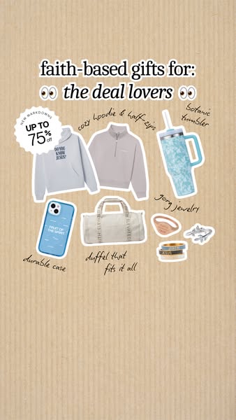 Ad showcasing a collection of faith-based gift items, targeting 'deal lovers' with new markdowns up to 75% off. 